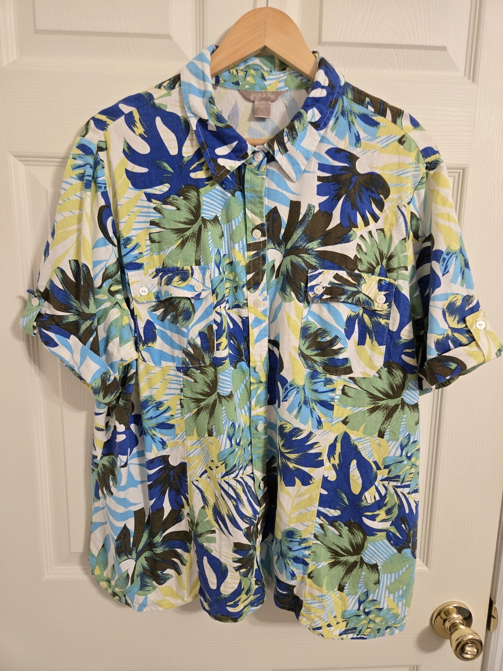Women's Casual Short-Sleeve Tropical Button-Down Shirt Blue & Green Size XXL
